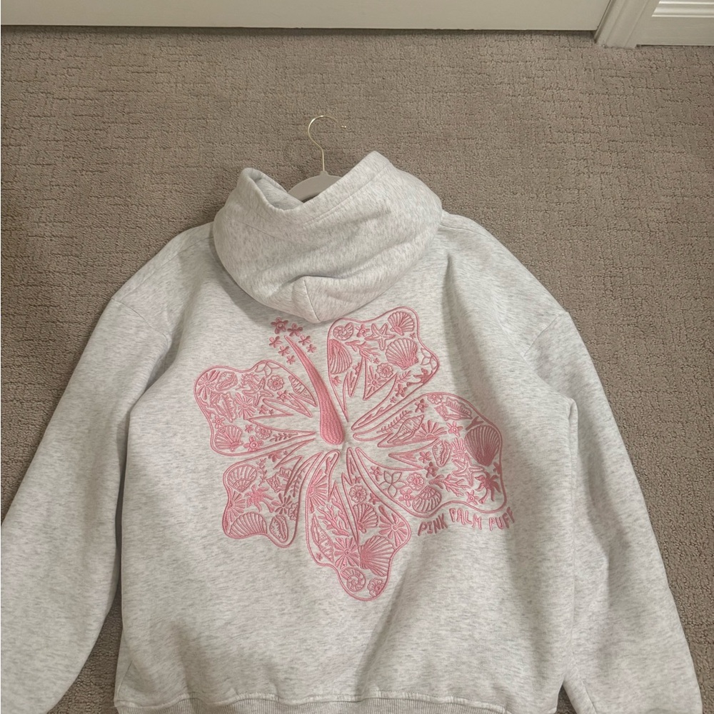 Gray Pink palm puff hoodie